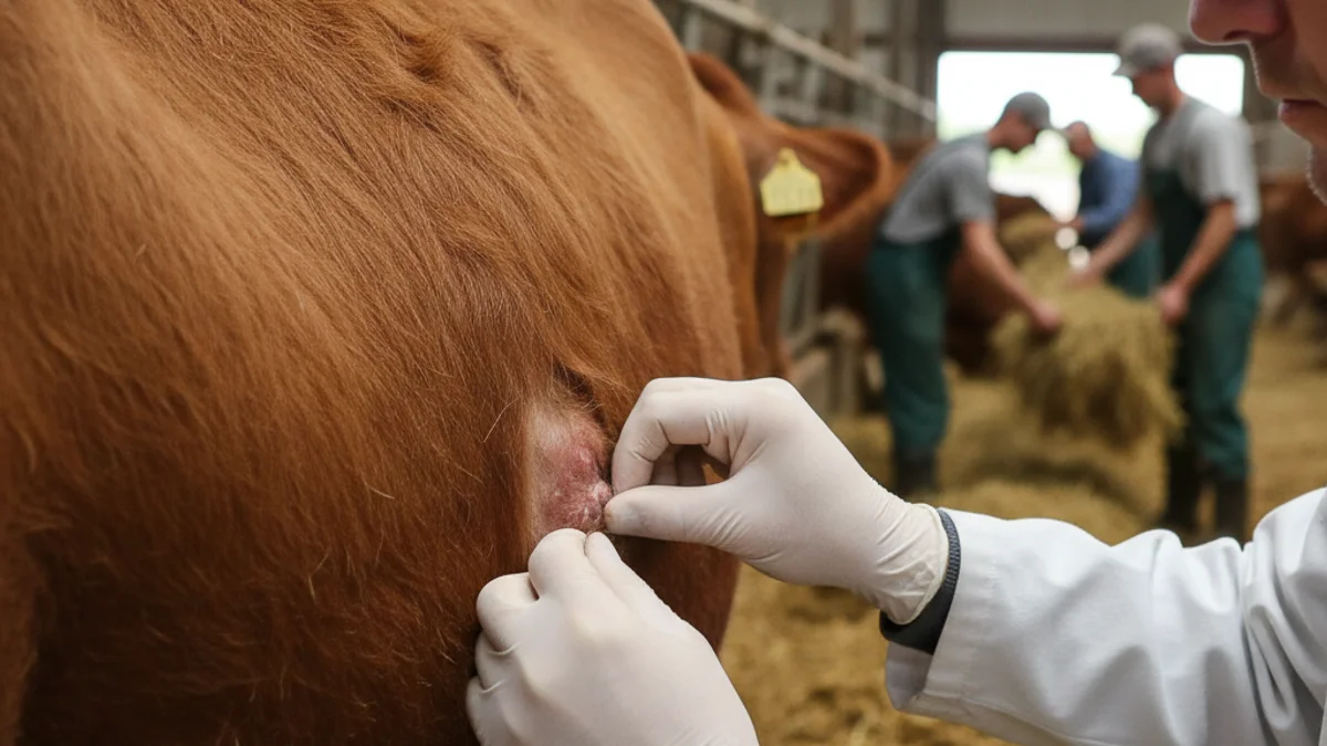 Imagen genérica de un veterinario examinando el ganado vacuno en una granja para detectar síntomas de enfermedad.