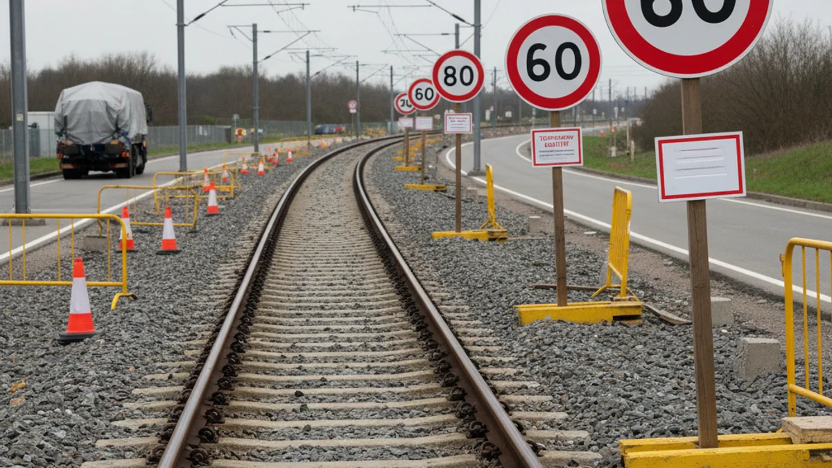 Vías de tren de alta velocidad con señalización de restricción de velocidad o trabajos de infraestructura.