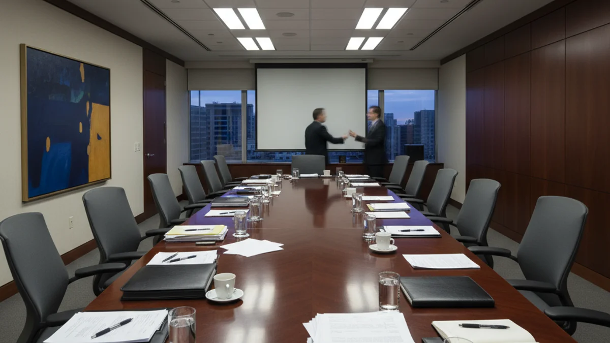 Representación genérica de una reunión de junta directiva o patronato en una gran entidad financiera.