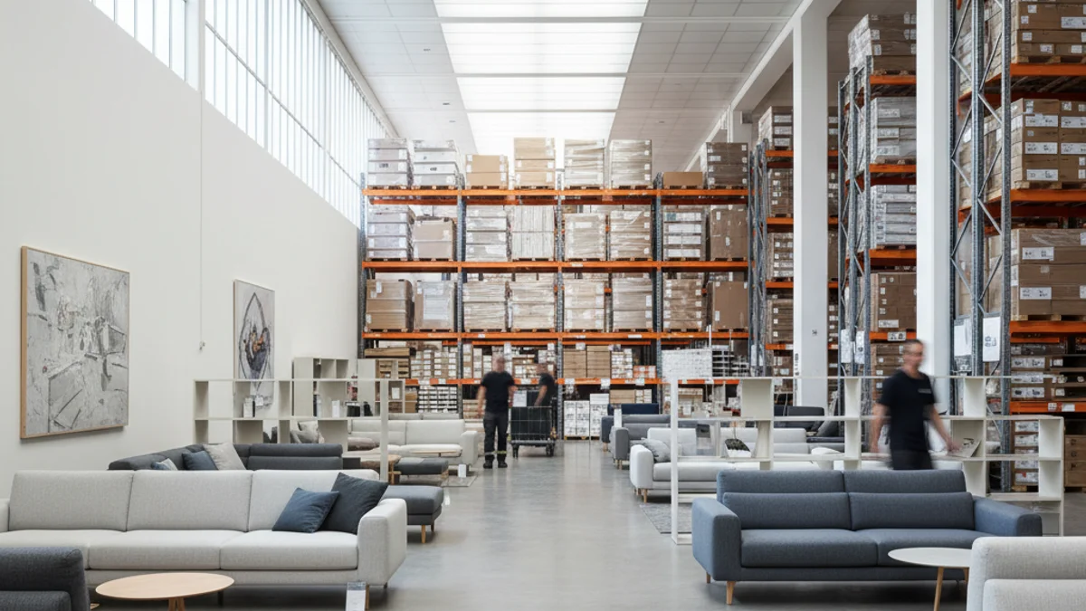 Vista de un almacén o tienda de mobiliario moderno, con productos de diseño expuestos.