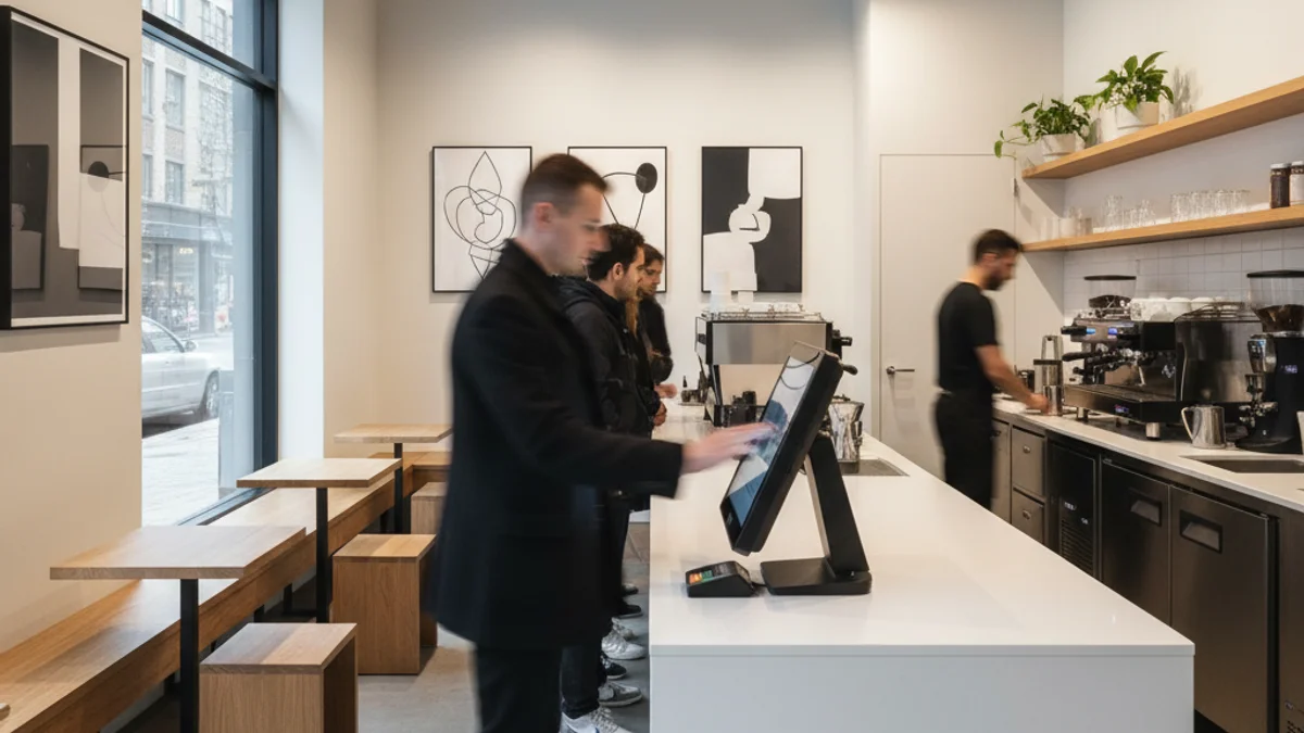 Interior de una cafetería moderna y minimalista con un mostrador de pedido digital y figuras borrosas de clientes.