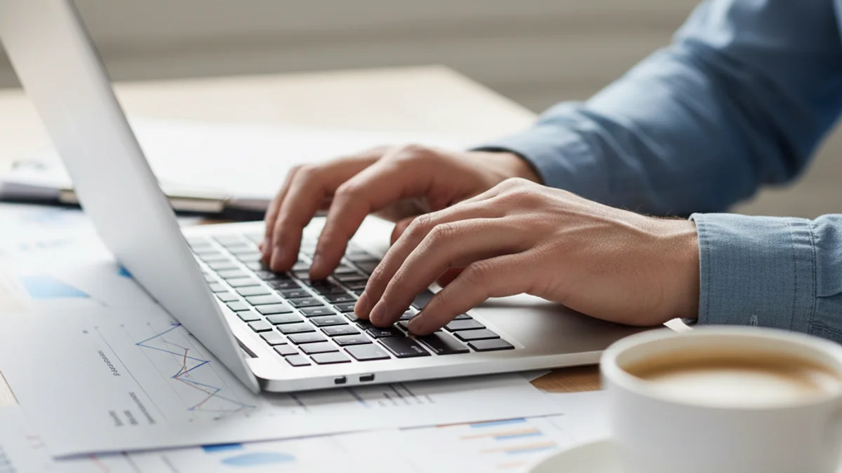 Manos trabajando en un ordenador portátil, simbolizando la planificación de un negocio digital o una tienda online.