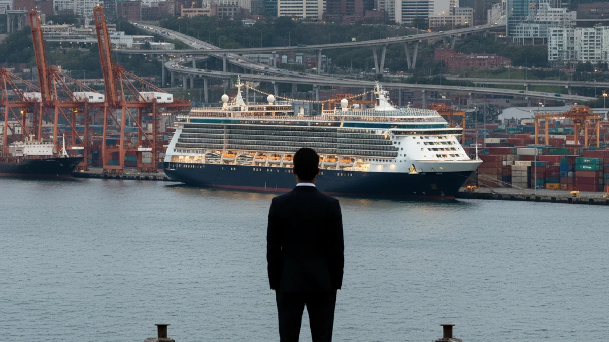 Una silueta de una persona mirando hacia un puerto con grandes cruceros atracados, simbolizando el dilema turístico y comercial.