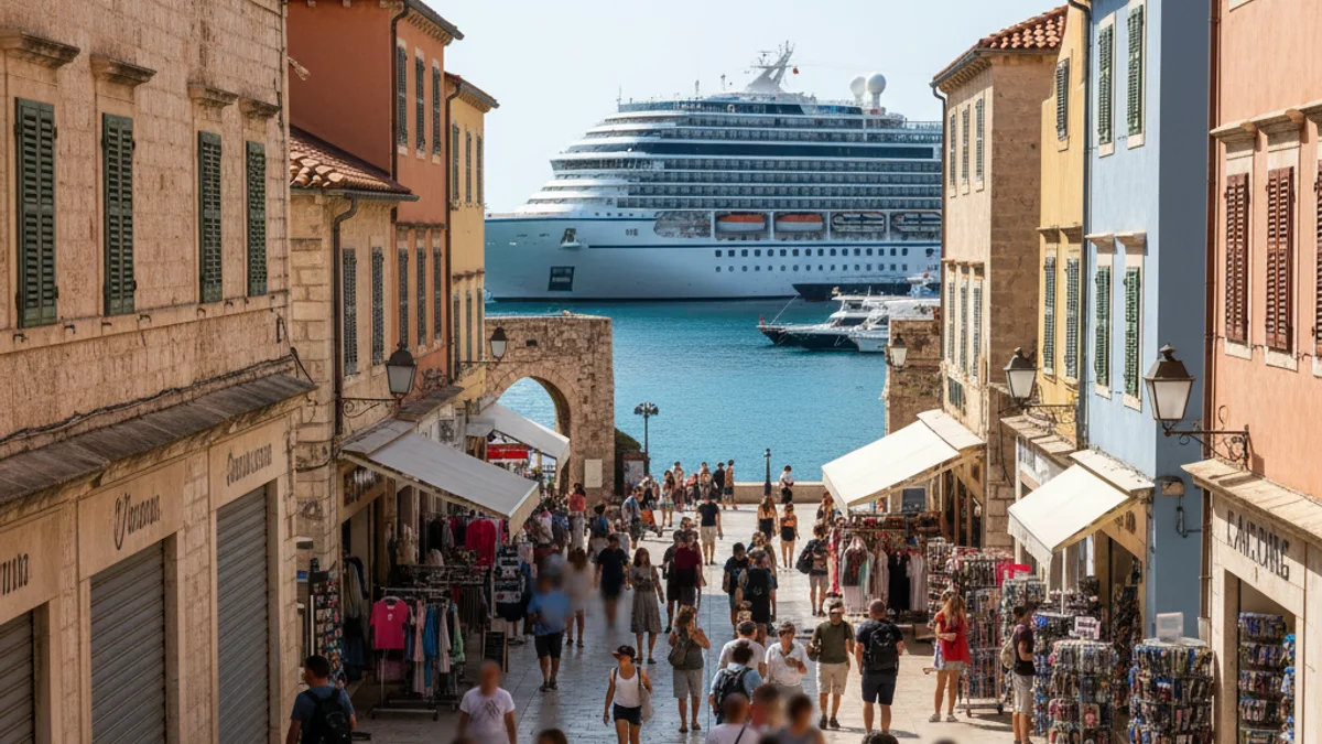 Una vista de la terminal de cruceros de Tarragona con un gran barco atracado y gente paseando.