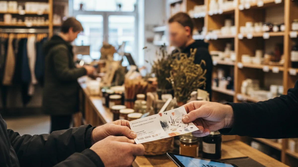 Jóvenes utilizando vales de descuento en una tienda local, simbolizando el apoyo al comercio.