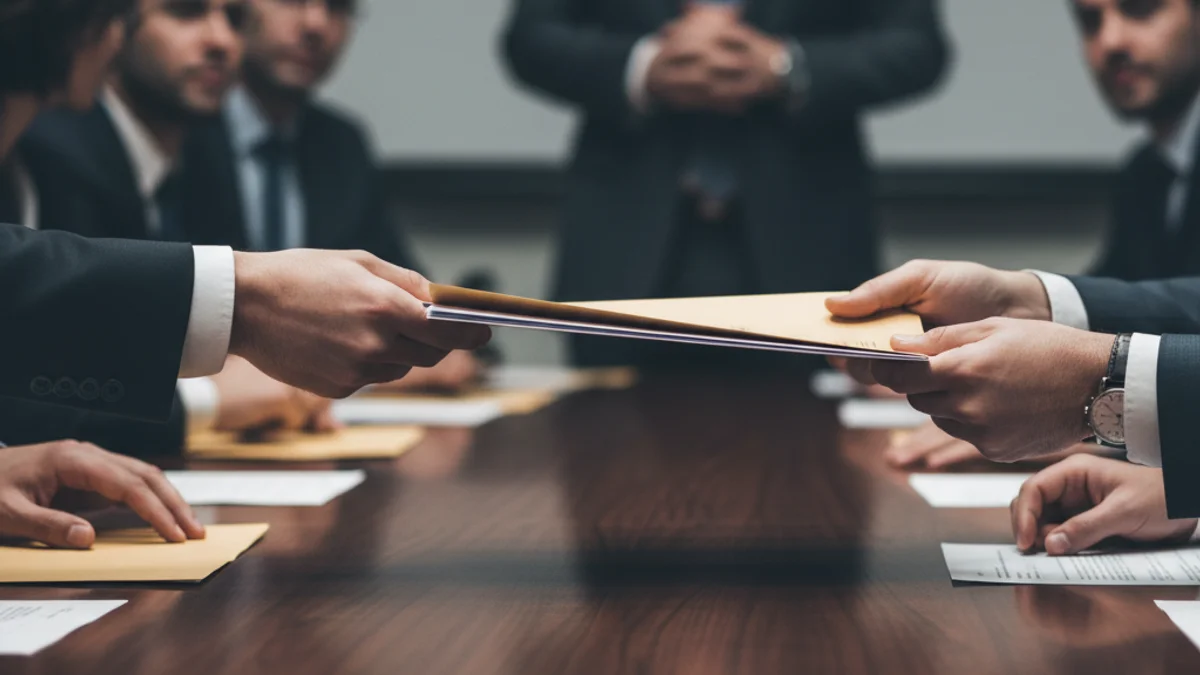Representación genérica de una reunión de negocios o política, con documentos sobre una mesa.