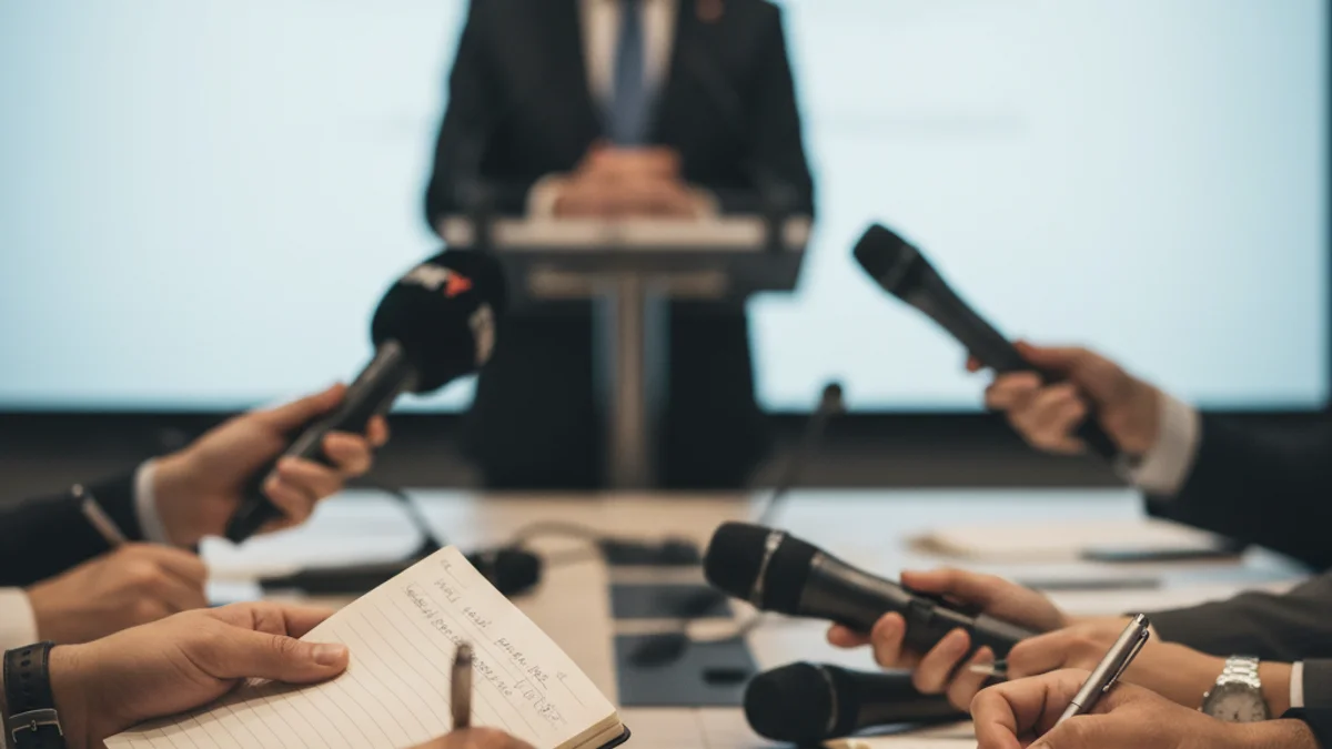 Representación genérica de una reunión empresarial o una conferencia económica con figuras borrosas.