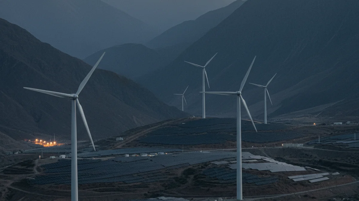 Vista genérica de un paisaje montañoso con paneles solares y una turbina eólica, simbolizando la producción de energía renovable.