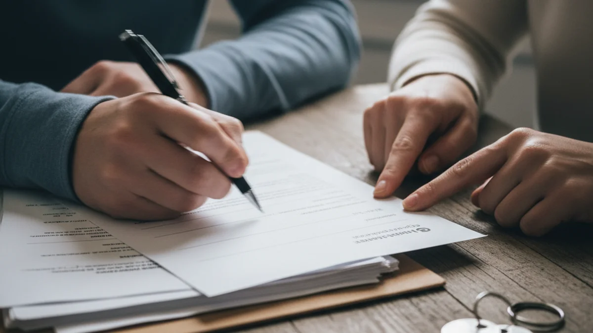 Imagen genérica de una mano firmando documentos de compraventa de vivienda sobre una mesa con llaves.