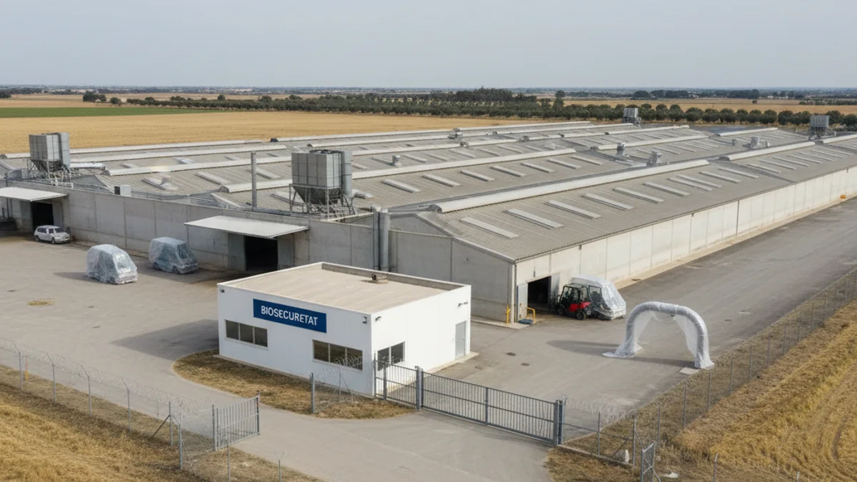Vista genérica de una granja porcina industrial moderna, con estructuras grandes y medidas de bioseguridad.