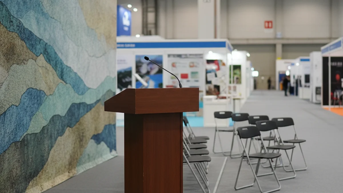 Imagen genérica de un stand de turismo en una feria internacional, con un ambiente sobrio.