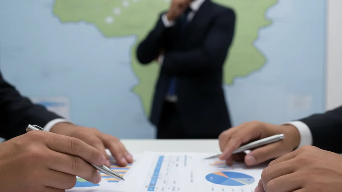 Representación de la incertidumbre económica y política en Latinoamérica, con mapas y gráficos financieros.