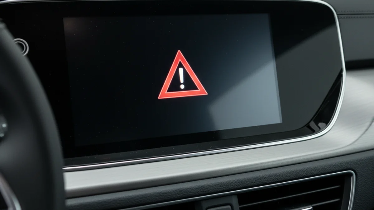 Representación digital de un tablero de control de vehículo moderno mostrando una alerta de peligro inminente en la carretera.