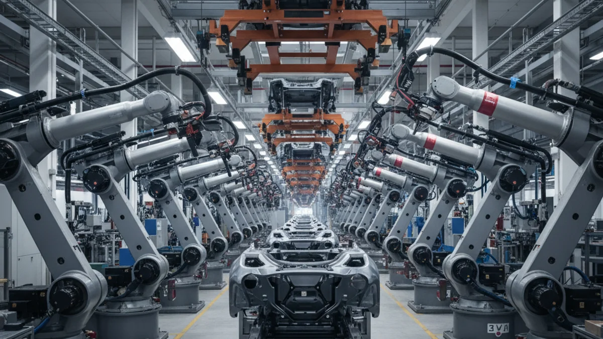 Representación de una línea de ensamblaje automatizada, simbolizando la capacidad productiva y la manufactura industrial.