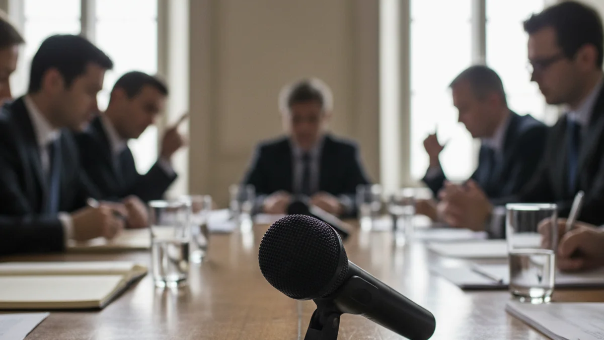 Representación de una mesa de negociaciones económicas con documentos financieros y un micrófono.