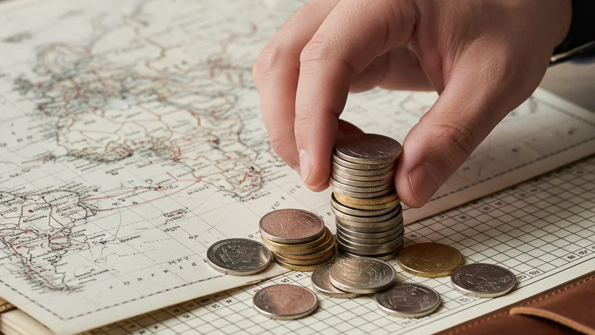 Una mano colocando monedas sobre un mapa turístico, simbolizando la recaudación de impuestos en el sector.