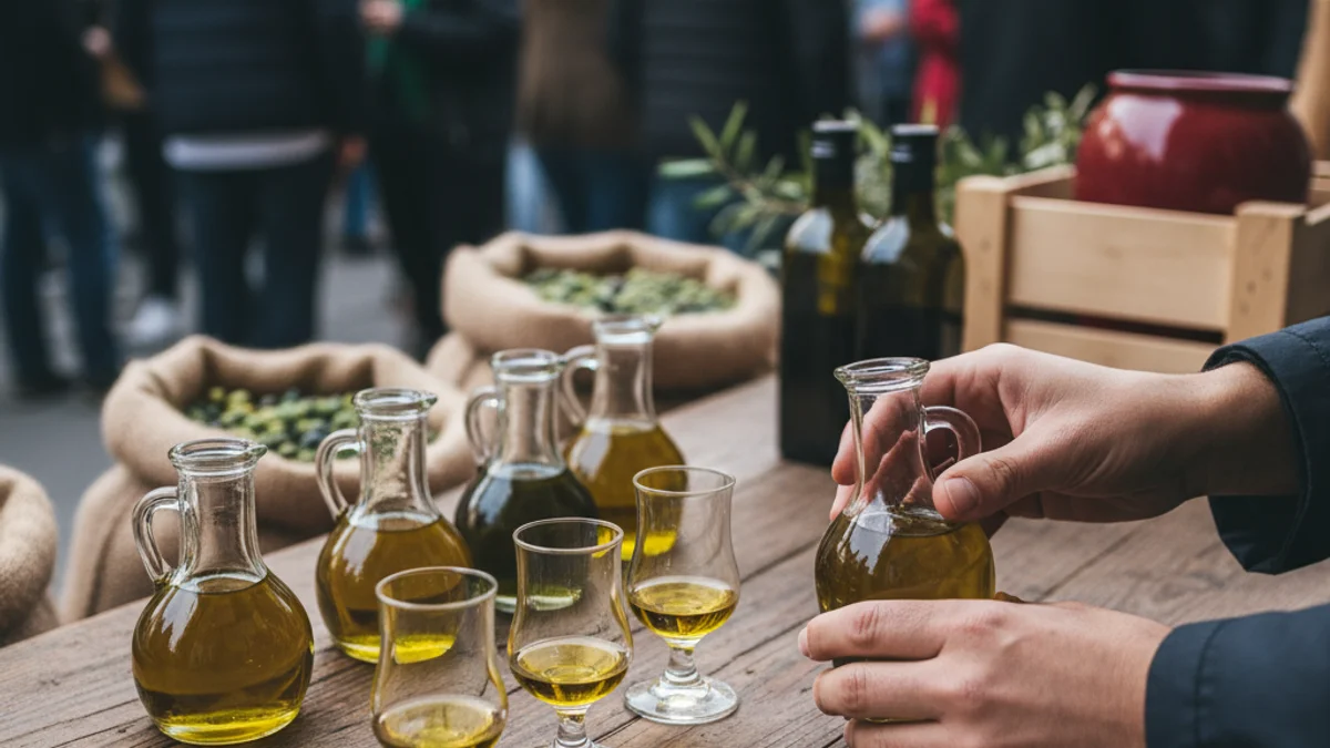 Imagen genérica de una feria de aceite, con botellas de aceite de oliva virgen extra expuestas en un stand.