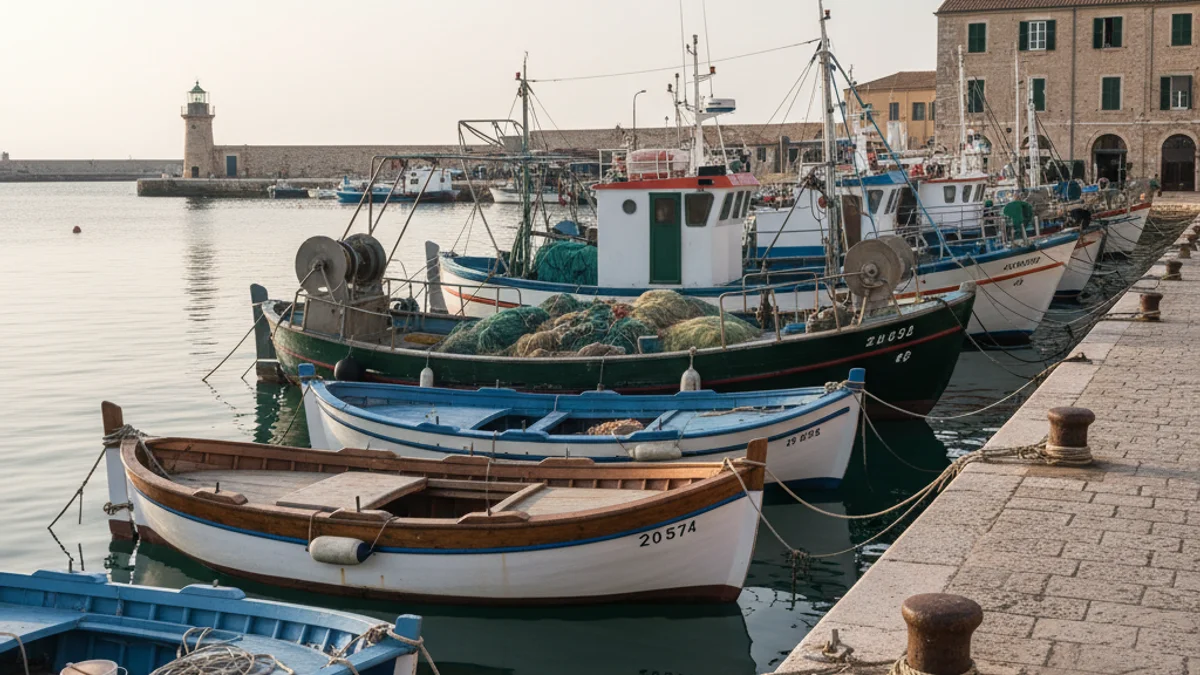 Barcos de pesca amarrados en un puerto mediterráneo con las redes recogidas, simbolizando la jornada de huelga.