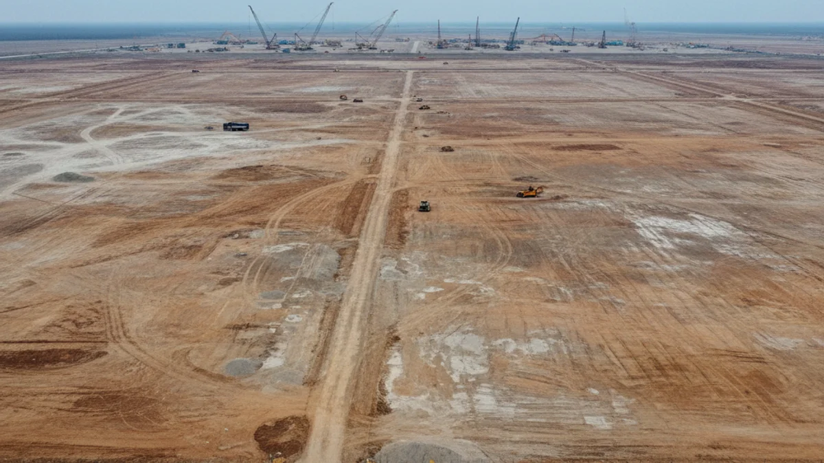 Vista aérea de una gran parcela de terreno industrial vacío con maquinaria de construcción al fondo, simbolizando un futuro polígono.