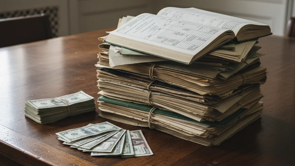 Documentos financieros o libros de contabilidad sobre una mesa de madera, simbolizando la deuda pública y la liquidez.