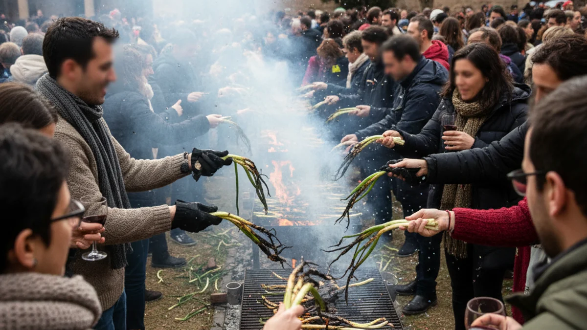 Imagen genérica de una calçotada popular con humo y gente comiendo en un ambiente festivo.