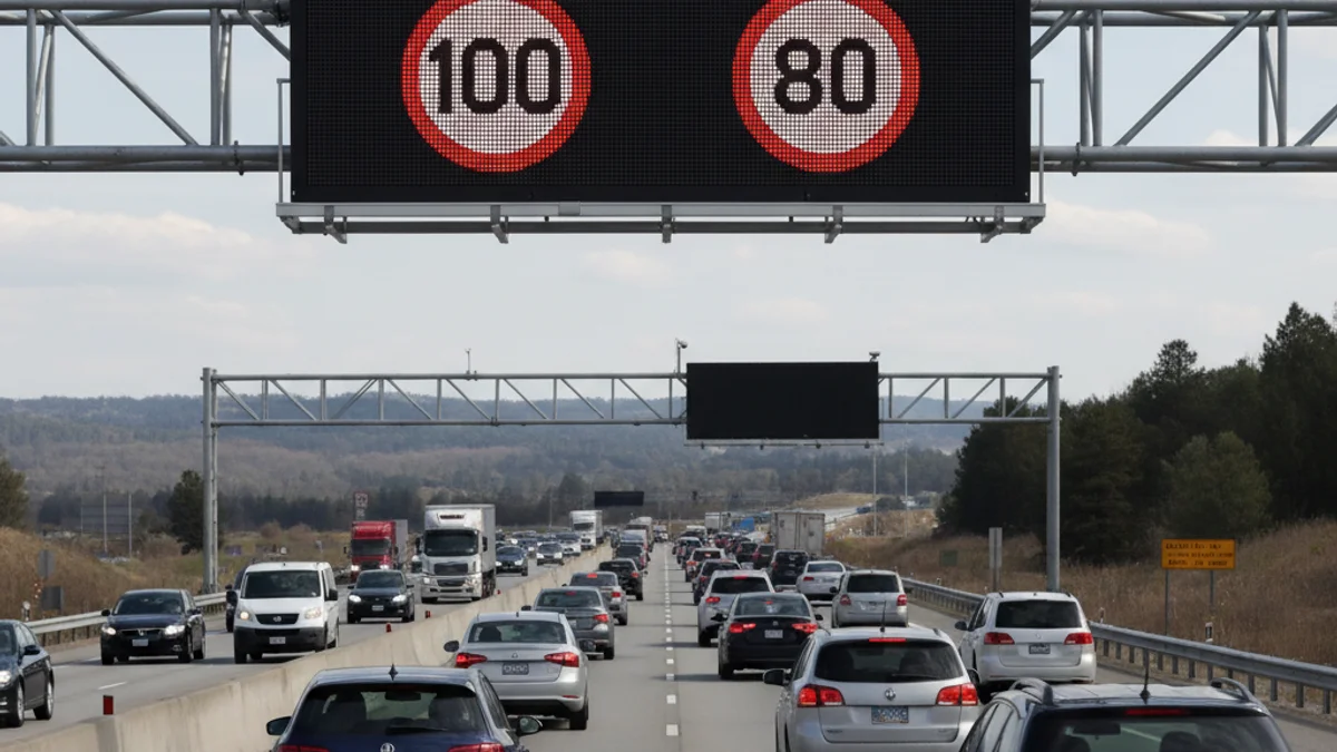 Panel de mensaje variable en una autopista con tráfico denso, mostrando un límite de velocidad reducido.