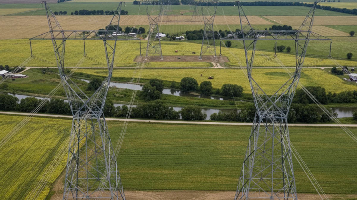 Torres de muy alta tensión cruzando un paisaje agrícola, simbolizando el impacto de una nueva infraestructura eléctrica.