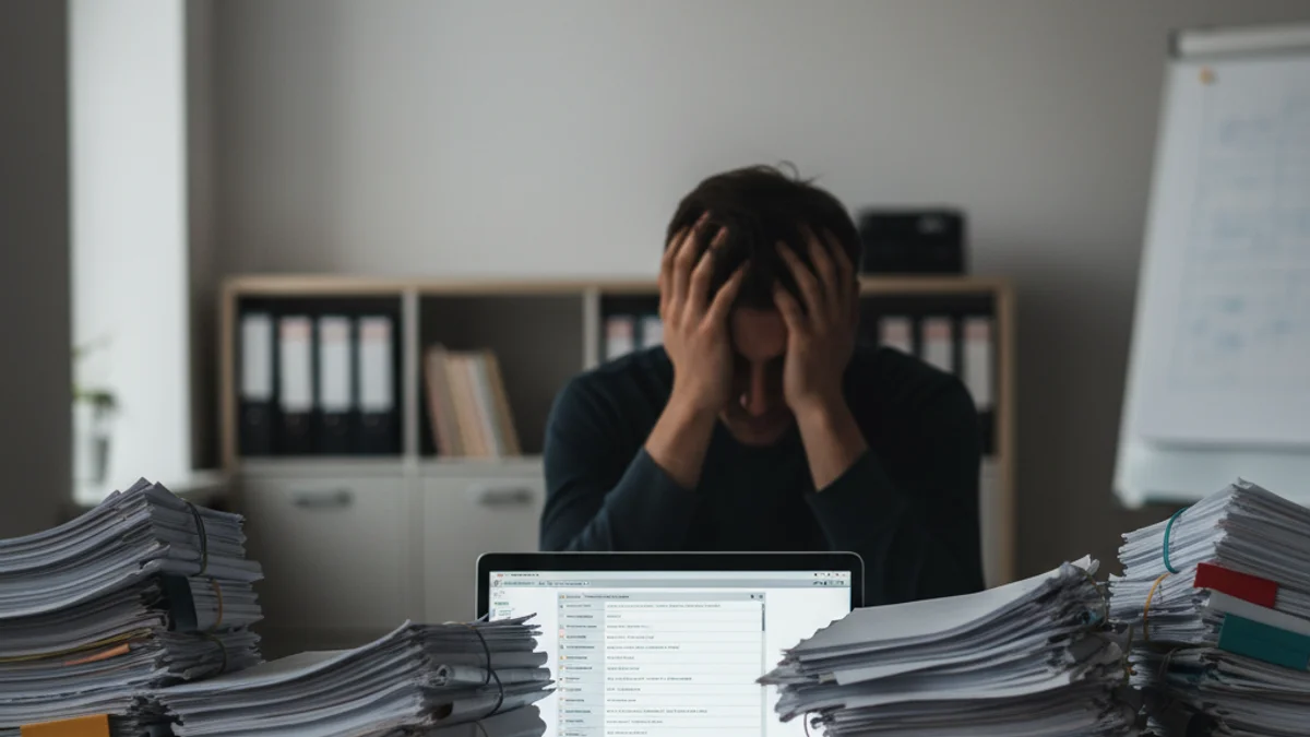 Silueta de un joven empresario frustrado frente a una pila de documentos burocráticos y un ordenador.