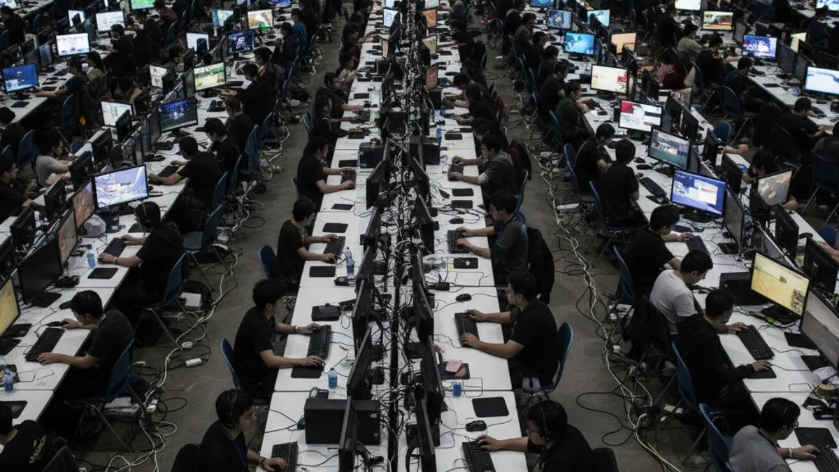 Vista general de una sala llena de ordenadores y participantes en un evento de juegos tecnológicos.