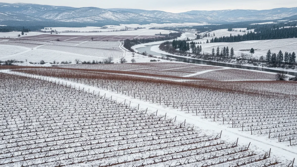 Vista general de campos de cultivo leñosos cubiertos por una ligera capa de nieve y heladas en la región de Tarragona.