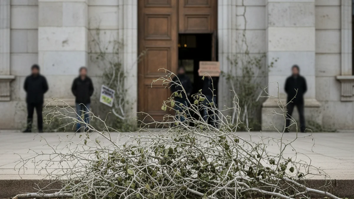 Rama de avellano seco y muerto depositada en el suelo frente a un edificio administrativo, con figuras borrosas de manifestantes al fondo.