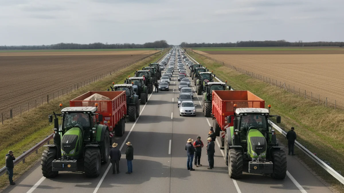 Imagen genérica de una protesta agrícola con tractores bloqueando una carretera principal.