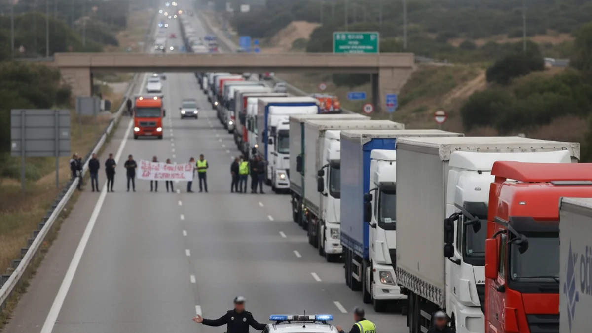 Imagen genérica de camiones detenidos o circulando lentamente en una autopista debido a una protesta o corte de tráfico.