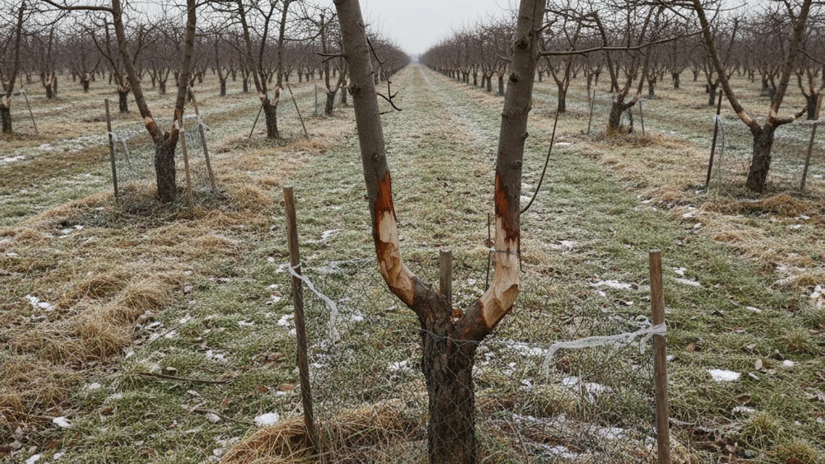 Imagen genérica de un campo de frutales con árboles dañados o protegidos por vallas.