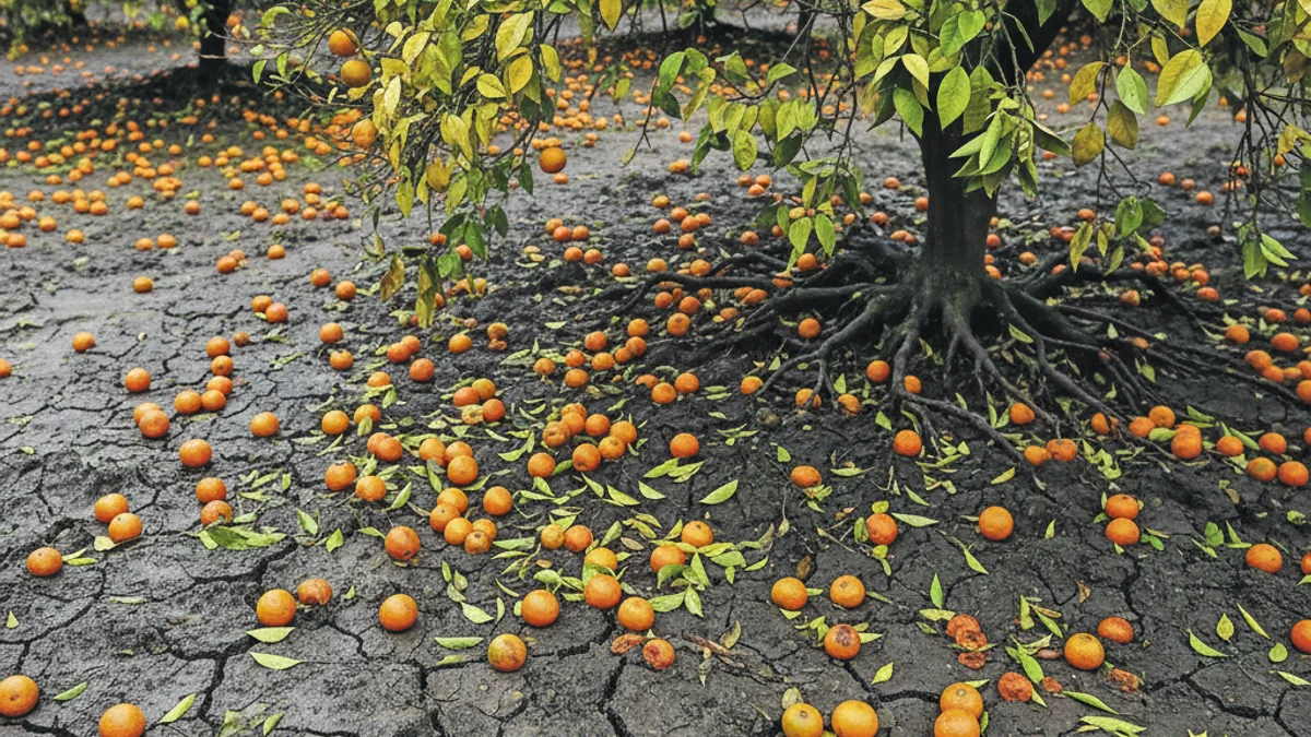 Imagen de una plantación de cítricos afectada por lluvias, con frutos caídos en el suelo y signos de daños.