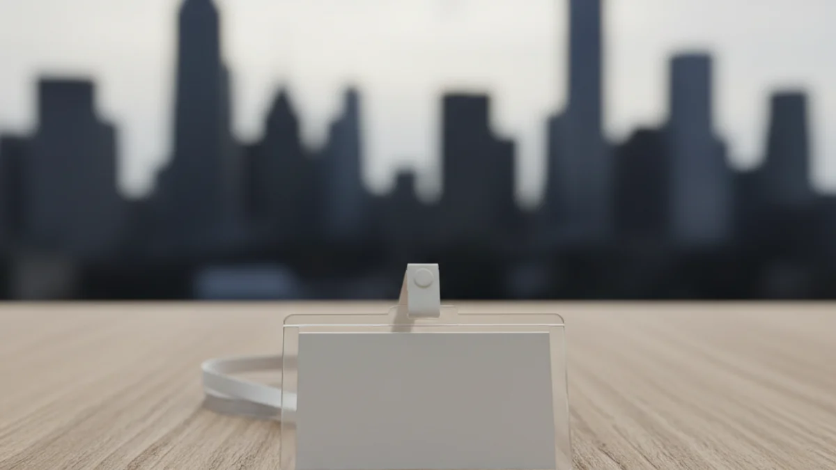 Una tarjeta de identificación de congresista sobre una mesa, con un fondo borroso de una ciudad.