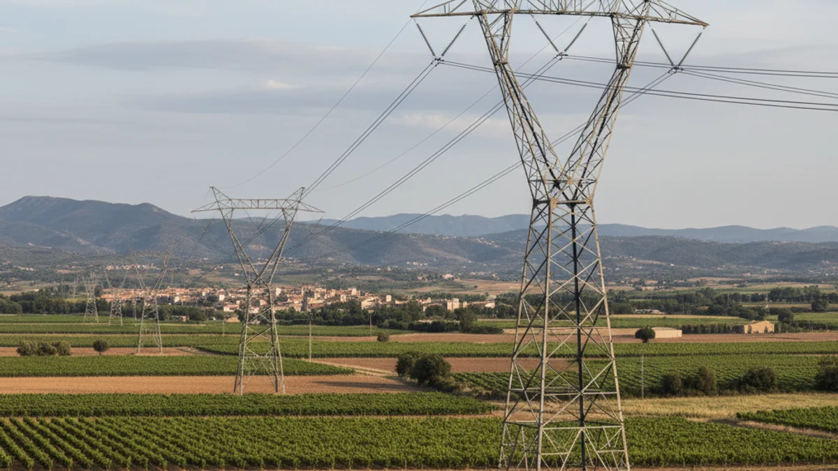 Torres de alta tensión cruzando un paisaje agrícola, con viñedos o campos de cultivo al fondo.
