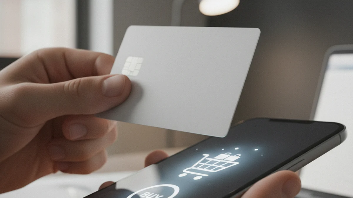 Imagen conceptual de una mano deteniéndose antes de realizar una compra en línea con una tarjeta de crédito.