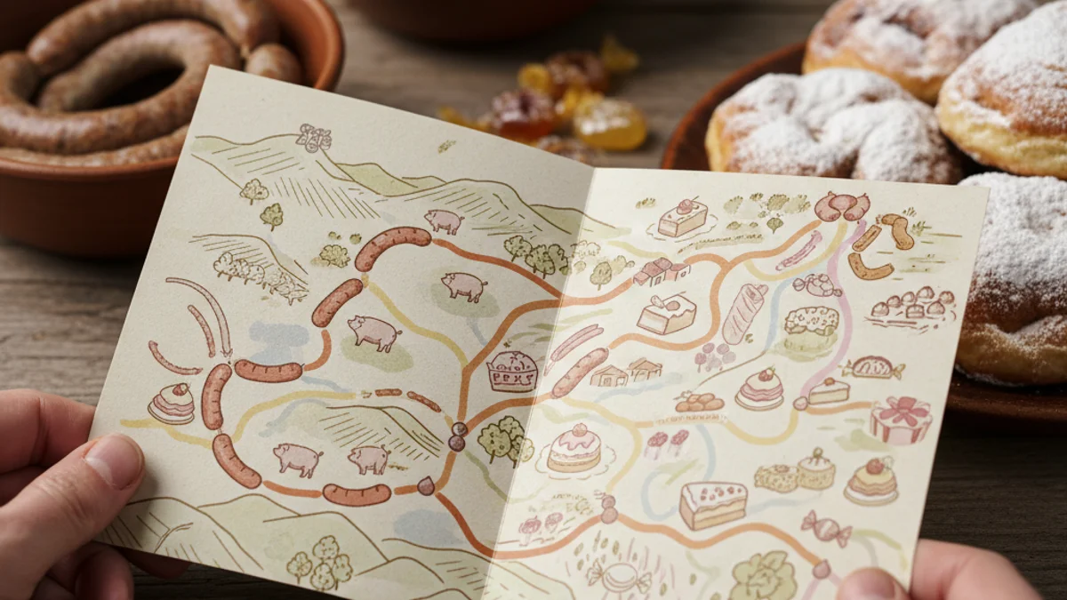 Imagen genérica de un mapa o tríptico de rutas gastronómicas locales sobre una mesa de madera.