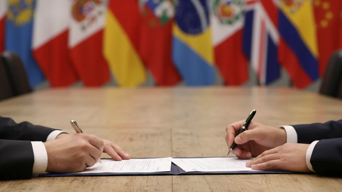 Representación genérica de una reunión internacional o de un acuerdo comercial con mapas y documentos.