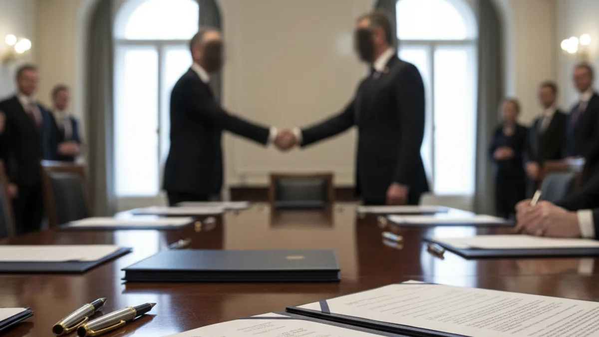 Representación genérica de una firma de acuerdo comercial internacional en una mesa de conferencias.