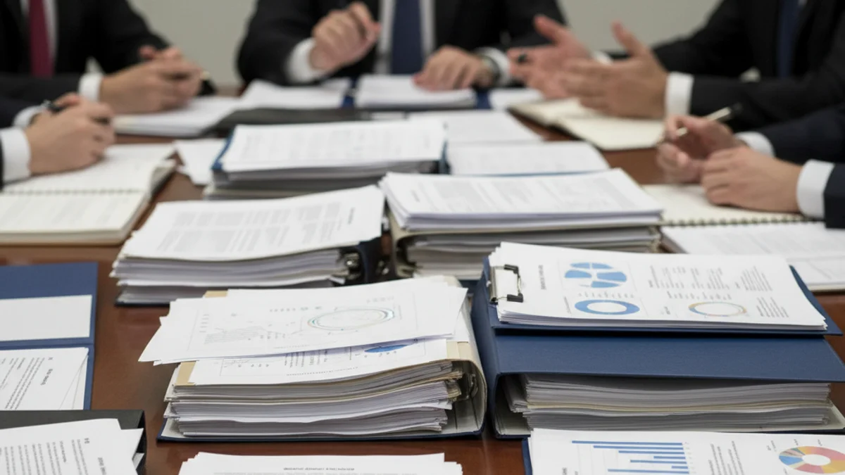 Representación visual de una reunión de negociación comercial o de un acuerdo internacional, con documentos y banderas.