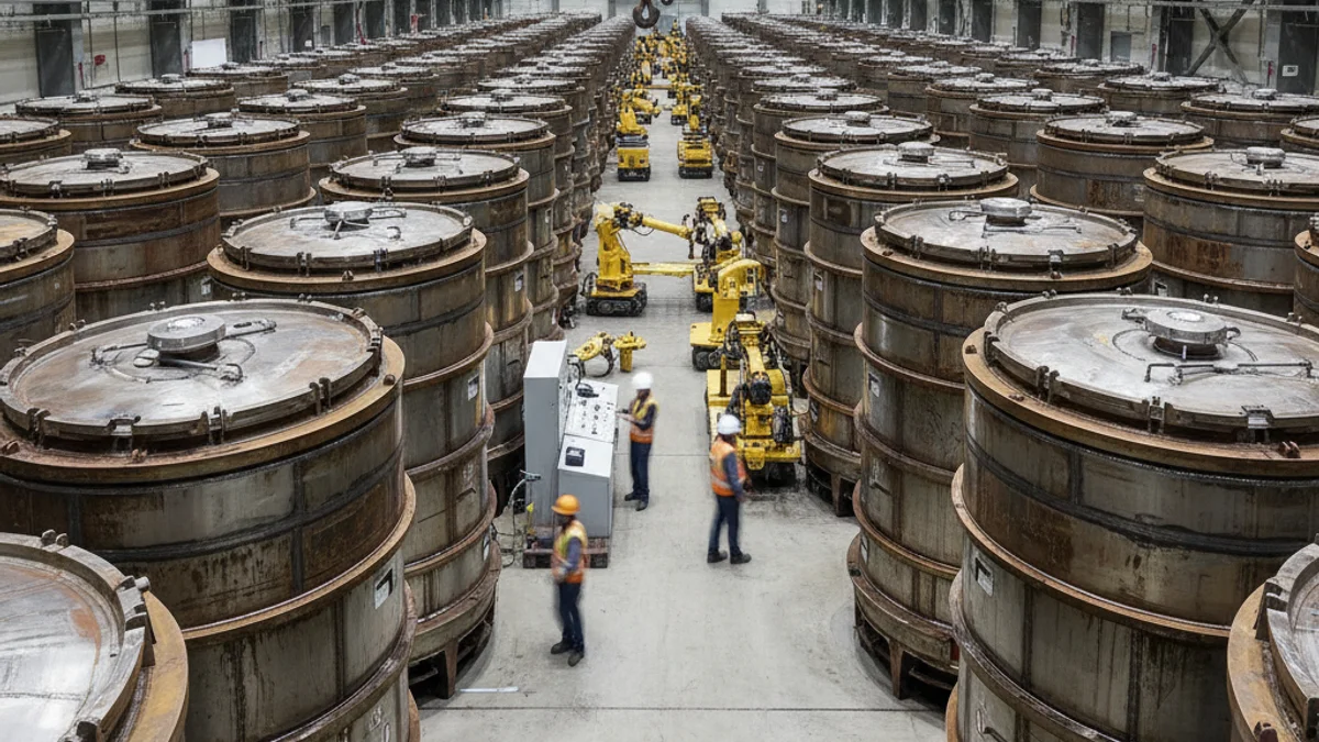Contenedores de almacenamiento de residuos nucleares en una instalación industrial.