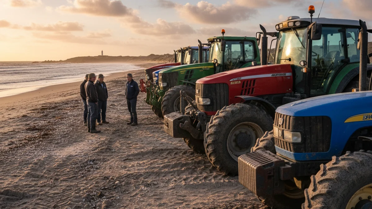 Protesta agrícola en una zona costera con tractores y agricultores mostrando pancartas.