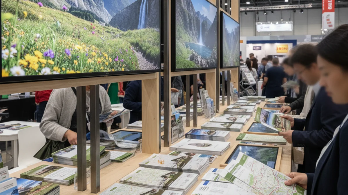 Imagen genérica de un stand de promoción turística en una feria internacional con mapas y folletos.