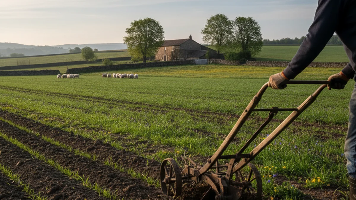 Imagen genérica de un campo de cultivo o una granja con la silueta de un agricultor trabajando.