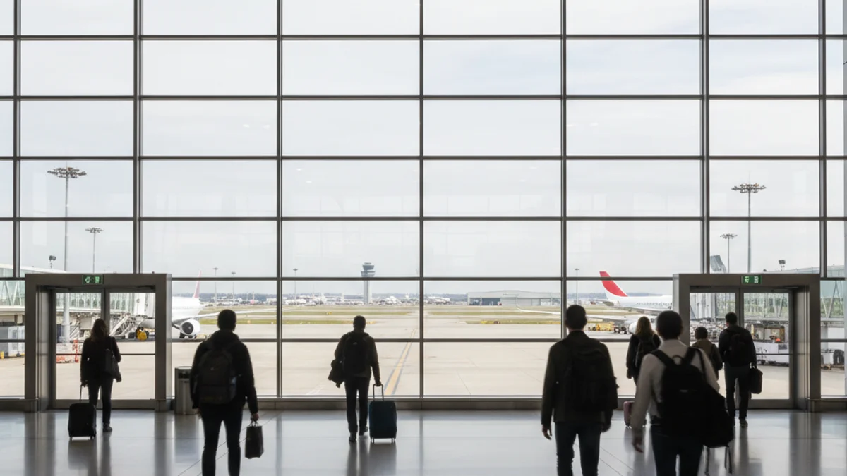 Imagen genérica de la terminal de un aeropuerto con aviones en la pista y pasajeros en el interior.