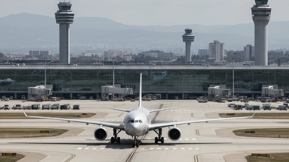 Vista general de la pista de un aeropuerto con aviones de pasajeros y terminales al fondo, simbolizando el tráfico aéreo.