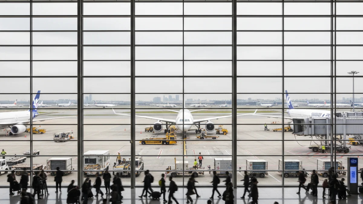 Imagen genérica de la terminal de un aeropuerto con aviones en la pista de aterrizaje, simbolizando el tráfico aéreo.