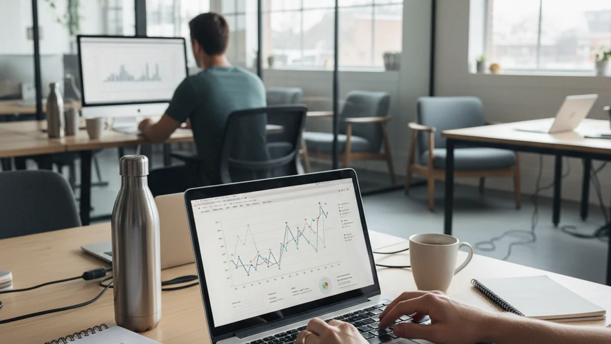Una silueta de una persona trabajando con un ordenador portátil en un espacio de co-working moderno.